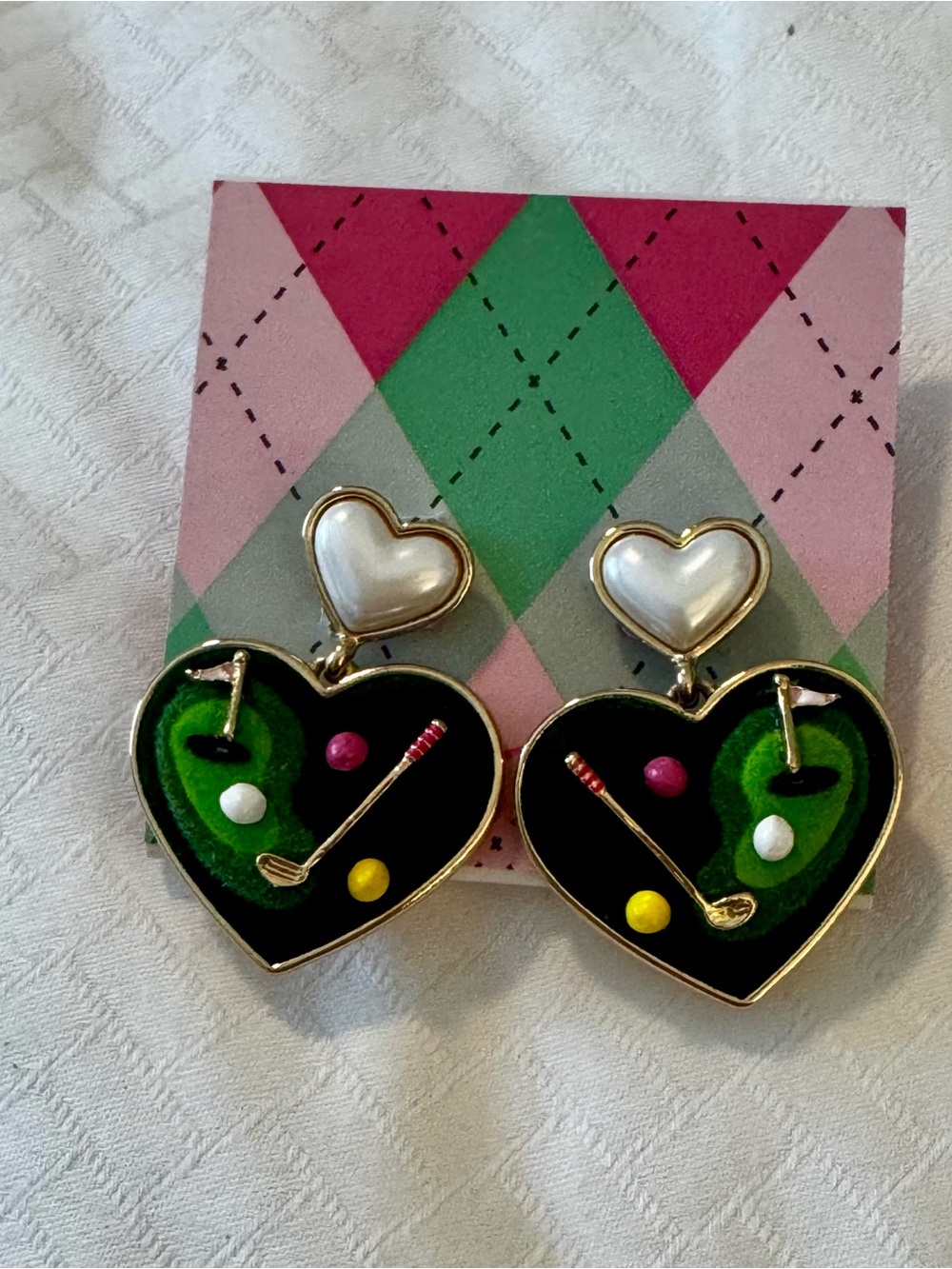 Betsey Johnson Heart Golf Dangle Earrings with Pearl Accent - Green & Black